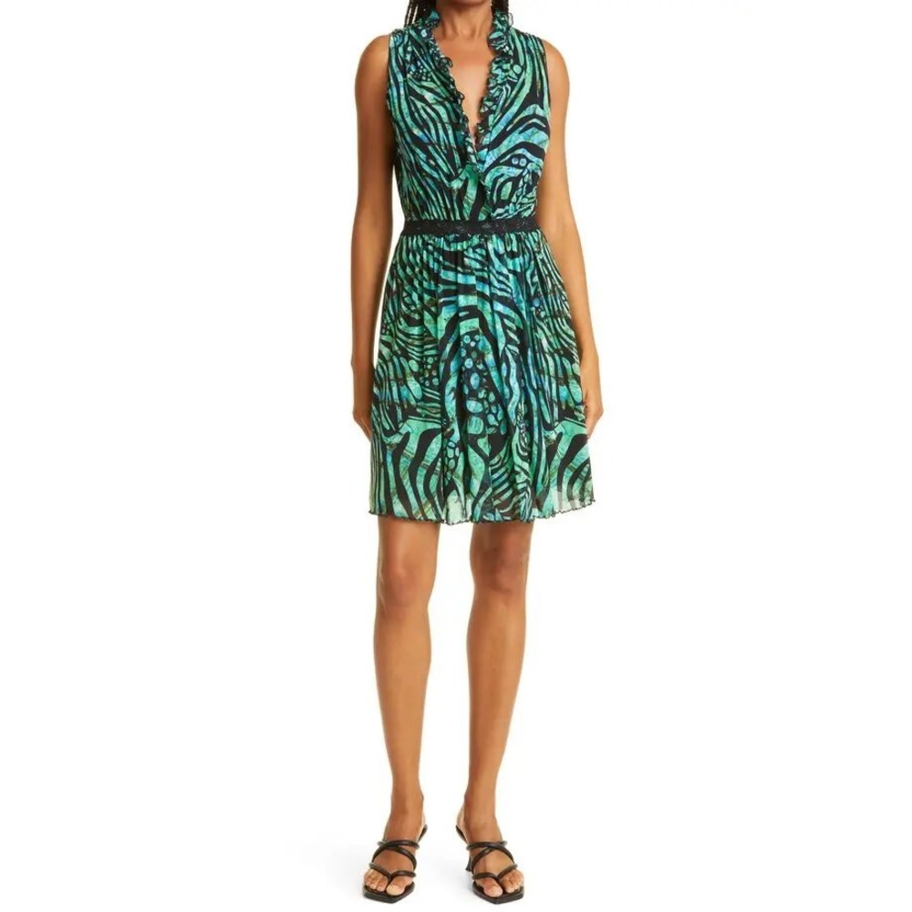 Fuzzi Abito Corto Ruffle Animal Print A-Line Dress Green Blue Mesh Italian M